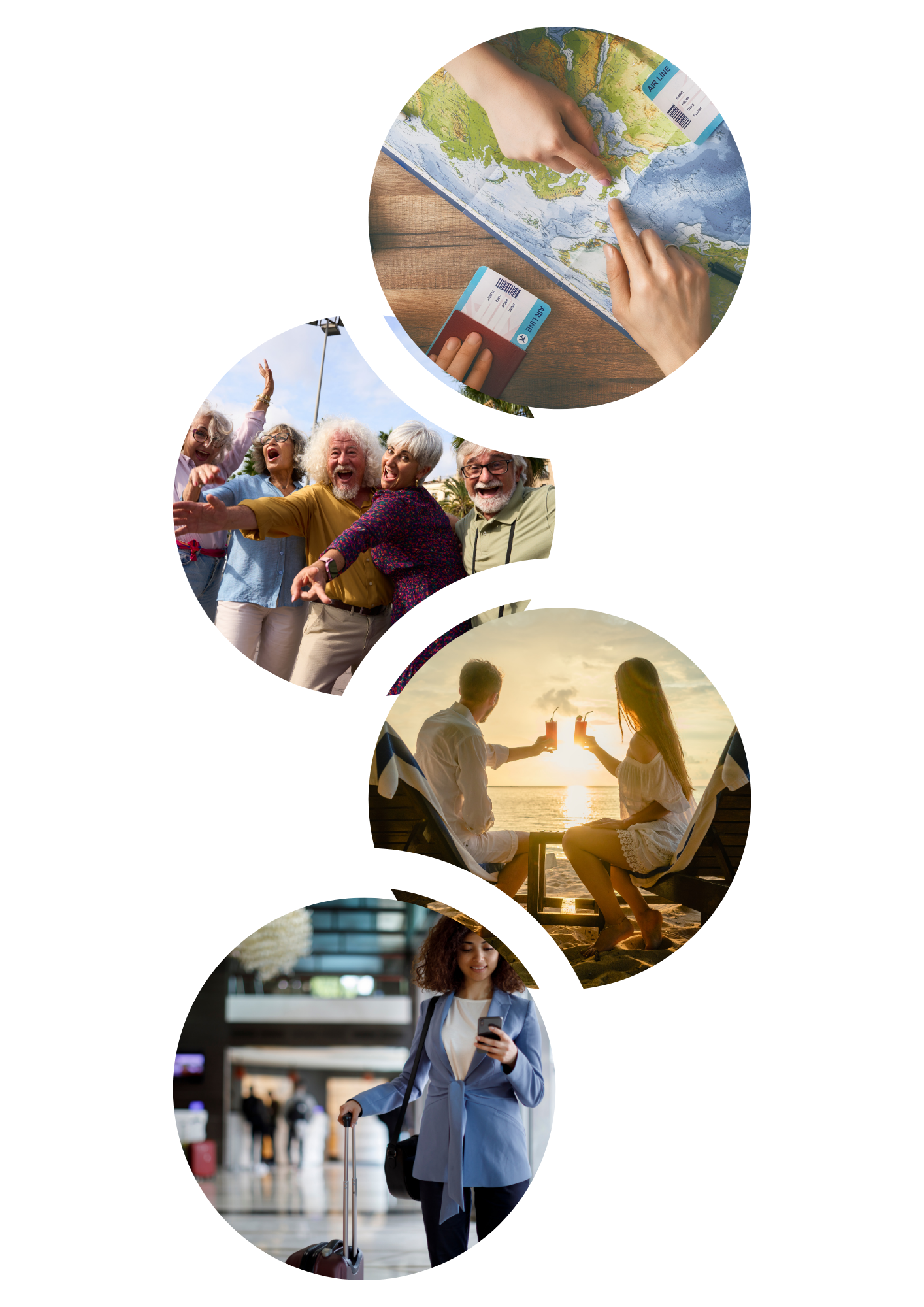 L'image montre 2 personnes qui planifient un voyage sur mesure, un groupe d'amis en voyage (voyage de groupe, EVJF, EVG), un couple en voyage de noces et une femme en voyage d'entreprise