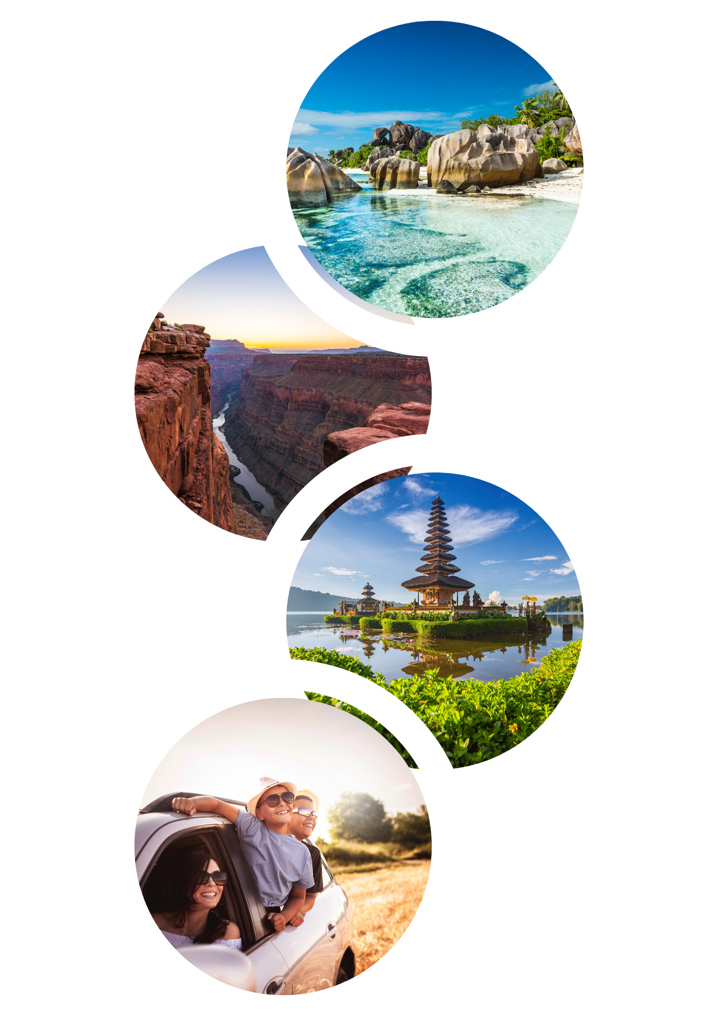 L'image montre des inspirations de destinations de voyage comme une plage de rêve (Seychelles), le Grand Canyon aux Etats-Unis, Bali mais aussi une famille qui fait un roadtrip
