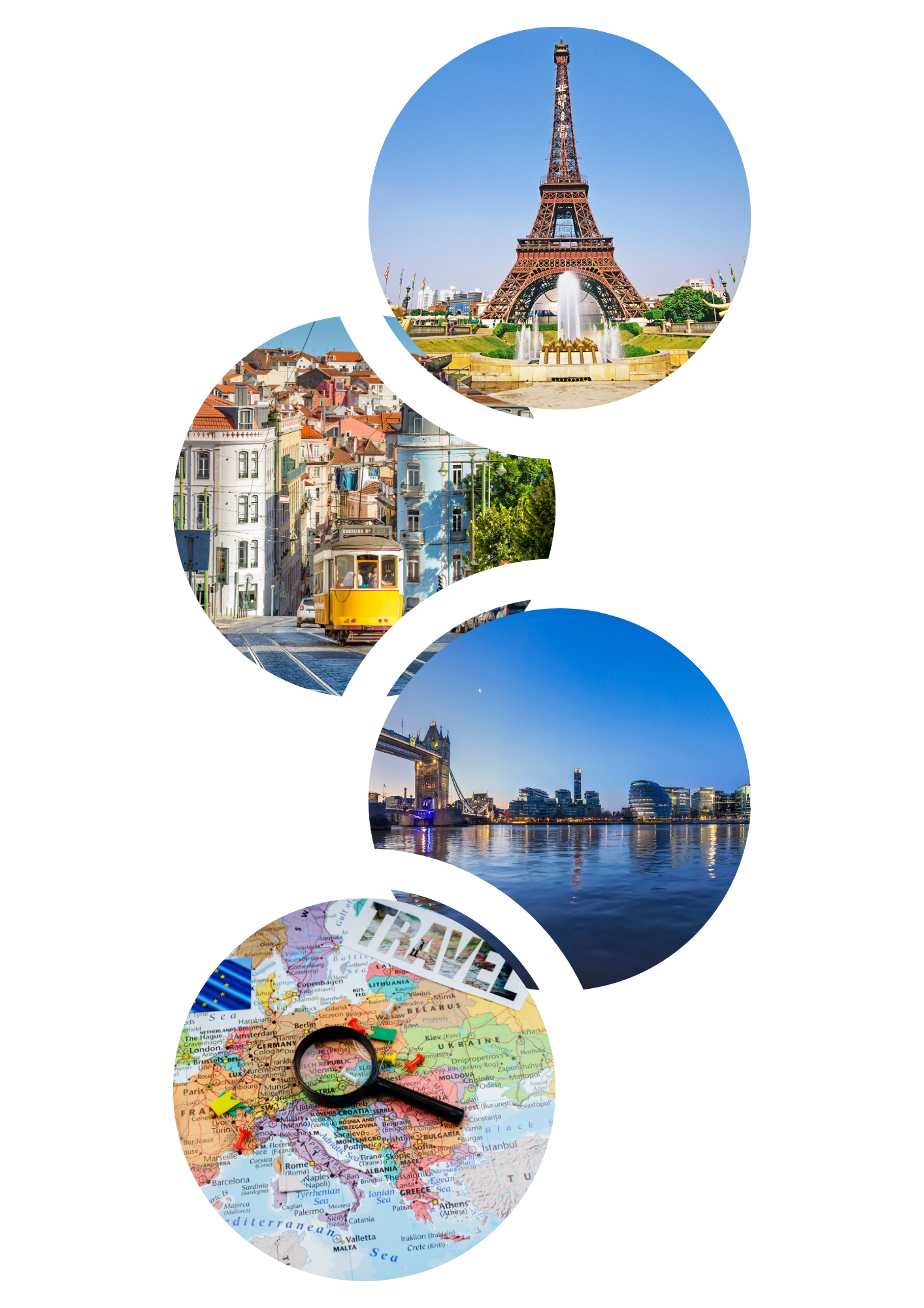 L'image montre des villes comme Paris, Lisbonne, Londres et une carte de l'Europe pour un voyage en mode CityTrip ou un court séjour en Europe